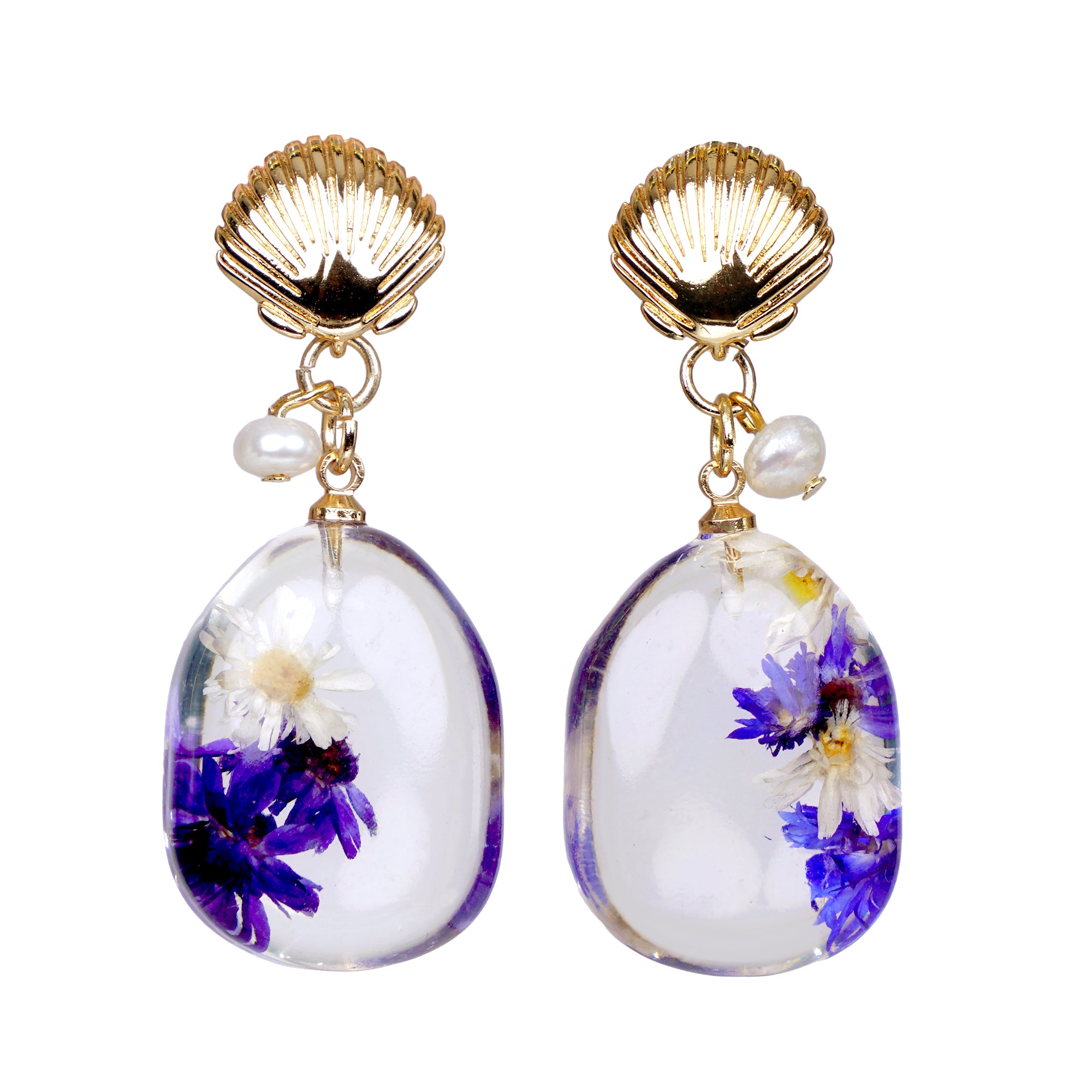 Clam Shell Top Dried Flower Resin Teardrop Earrings