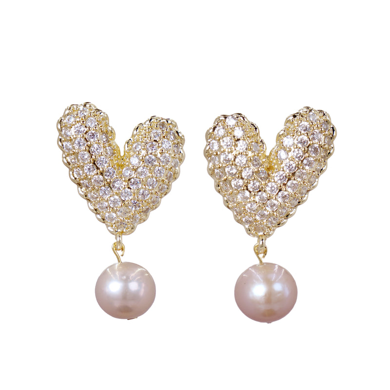 Gold Diamante Pearl Heart Drop Earrings