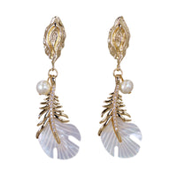 Gold Molten And Shell Feather Drop Earrings