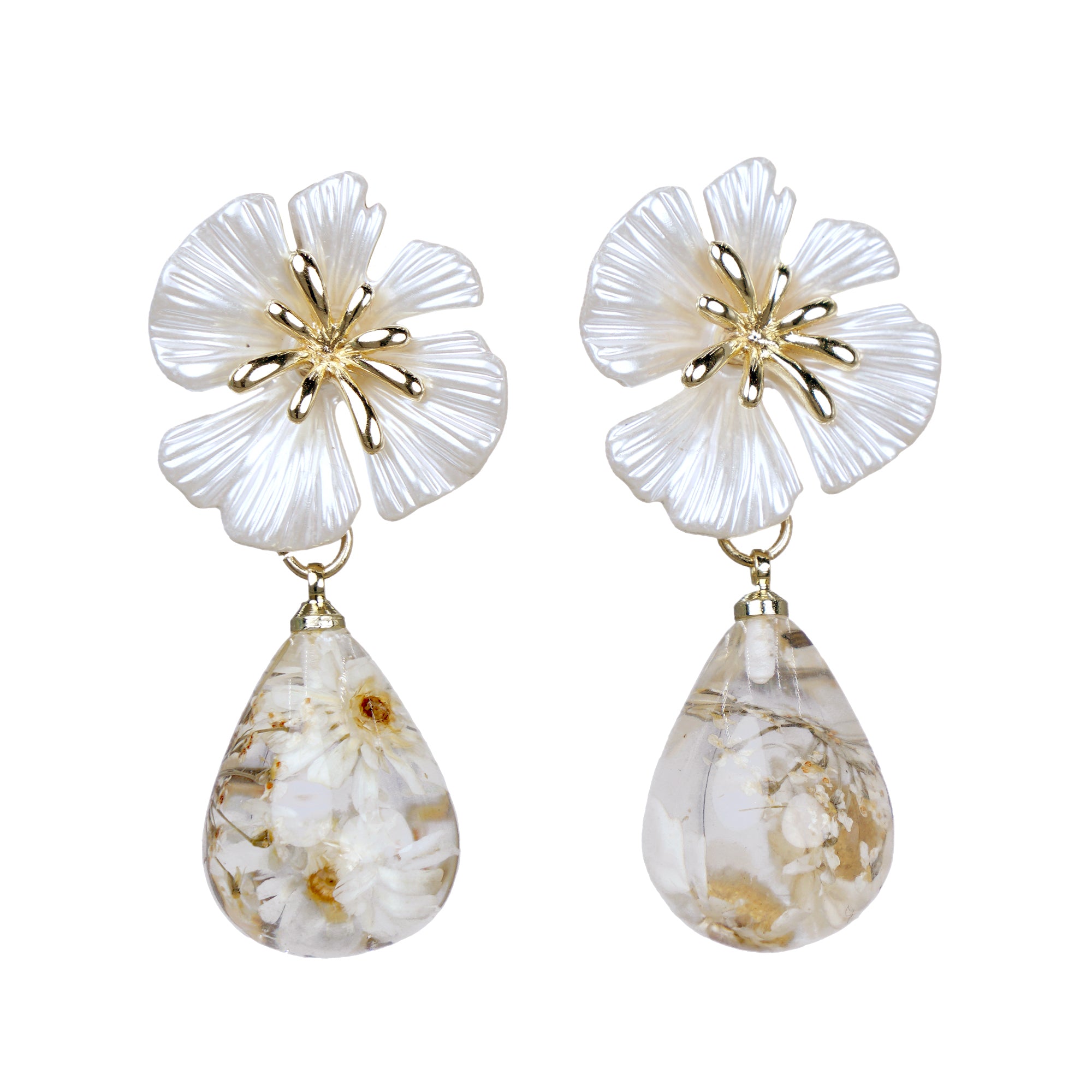 Gold Daisy Top Dried Flower Resin Teardrop earrings