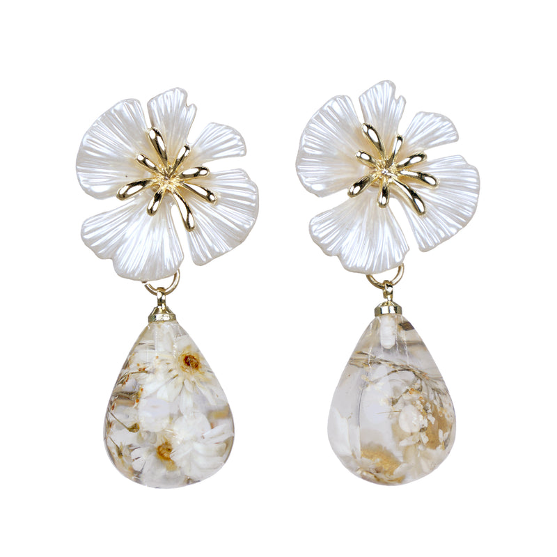 Gold Daisy Top Dried Flower Resin Teardrop earrings