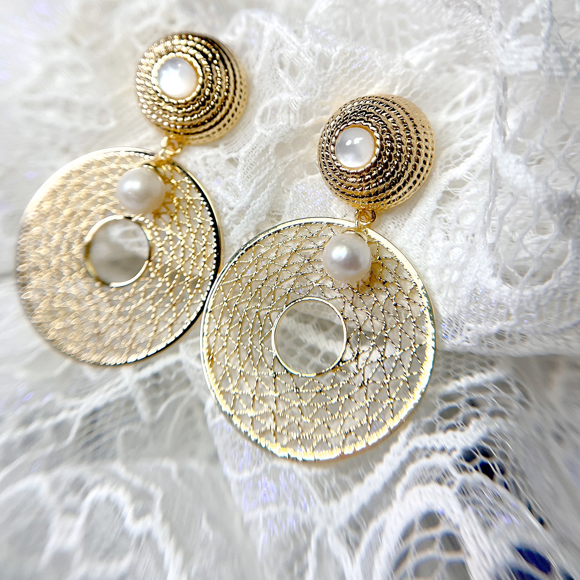 Gold Disc Filigree Drop Earrings