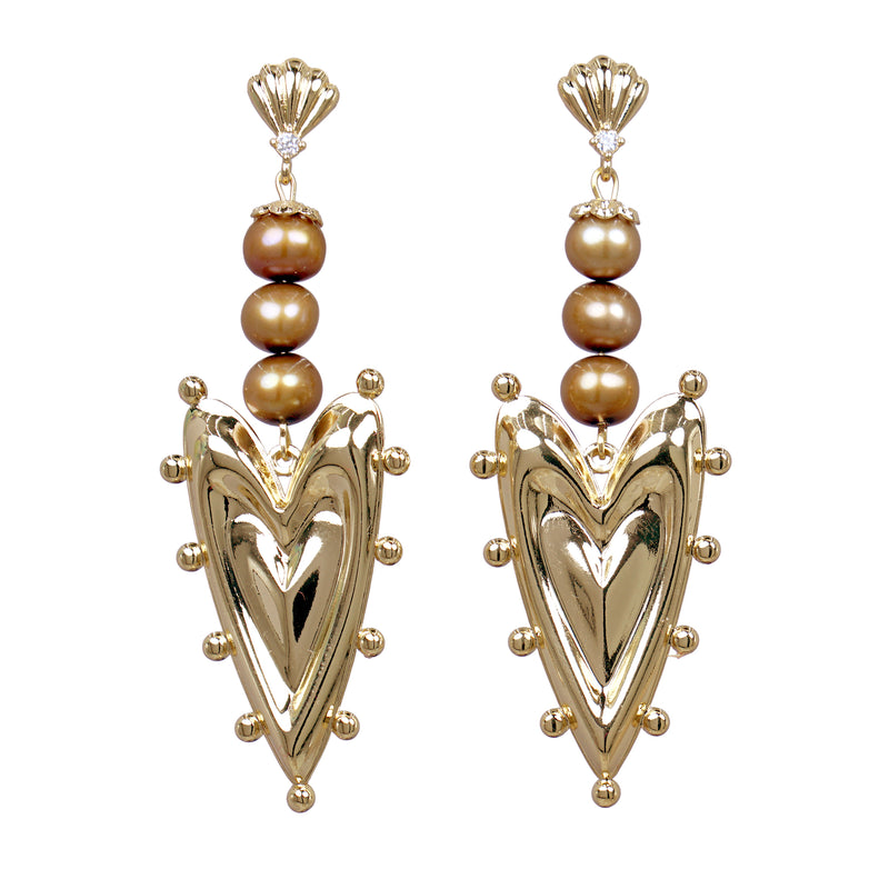 Three Pearls Gold Plated Heart Drop Earrings