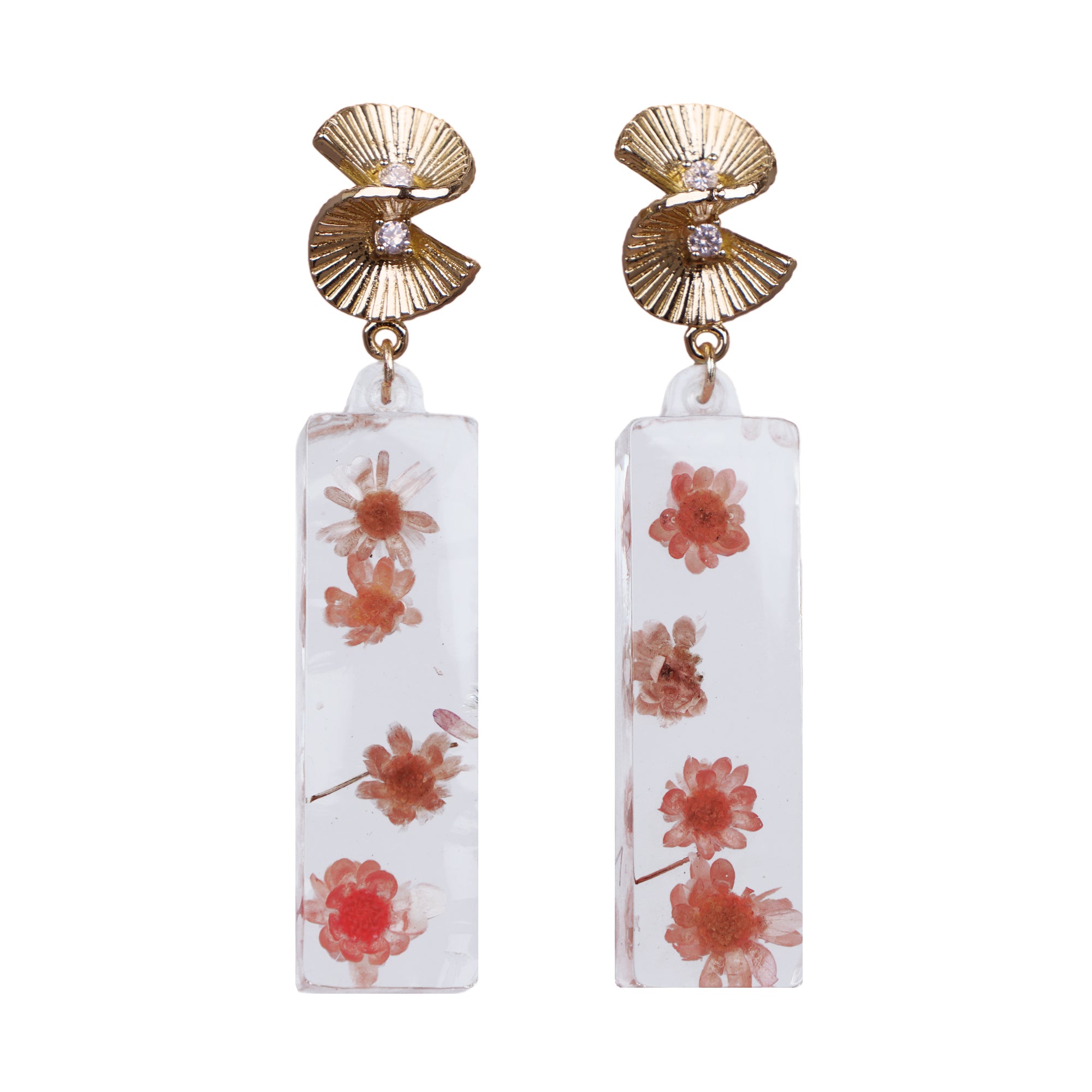 Gold Plated Twisted Fan Dried Flower Resin Drop Earrings