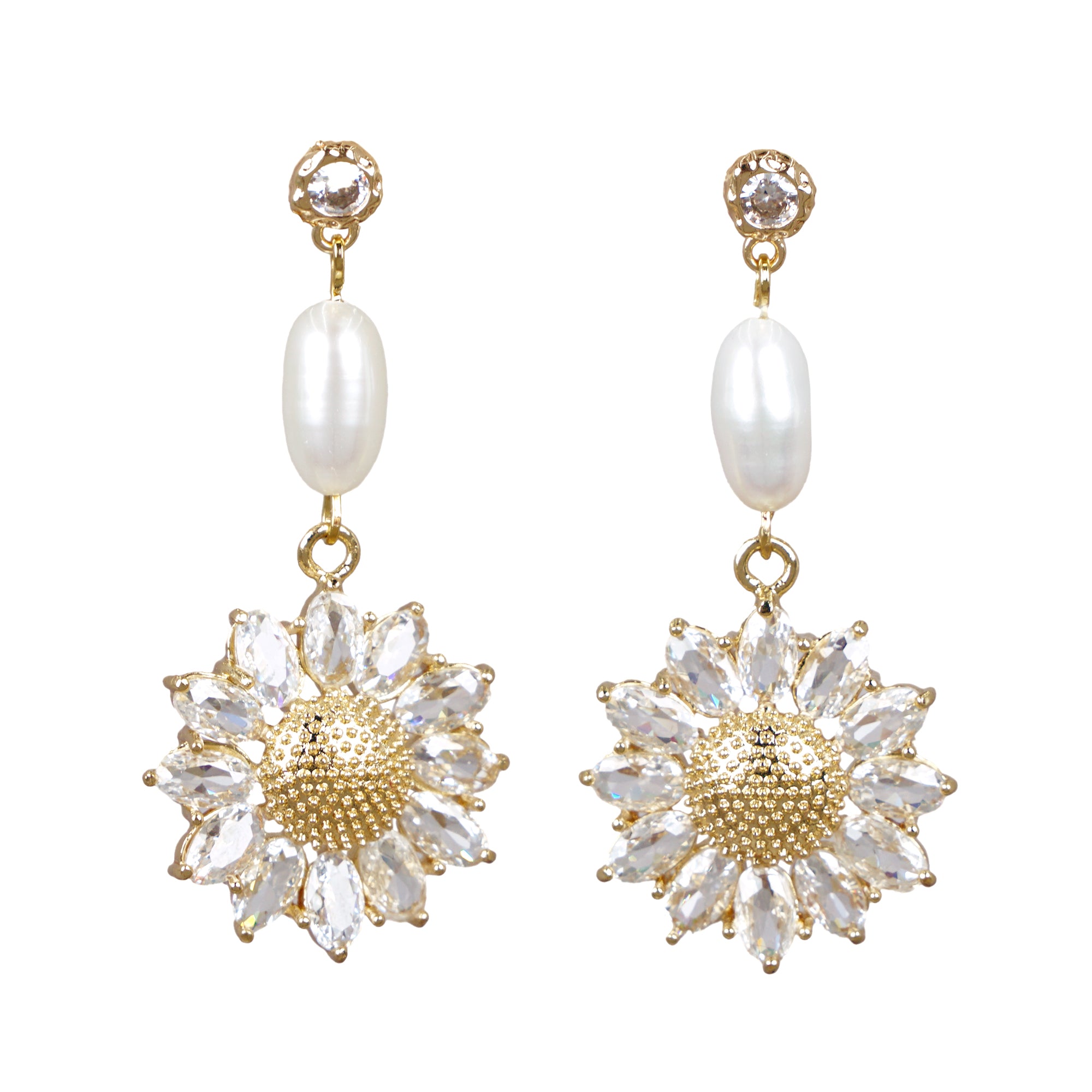 Gold Diamante & Sunflower With Pearls Drop Earrings