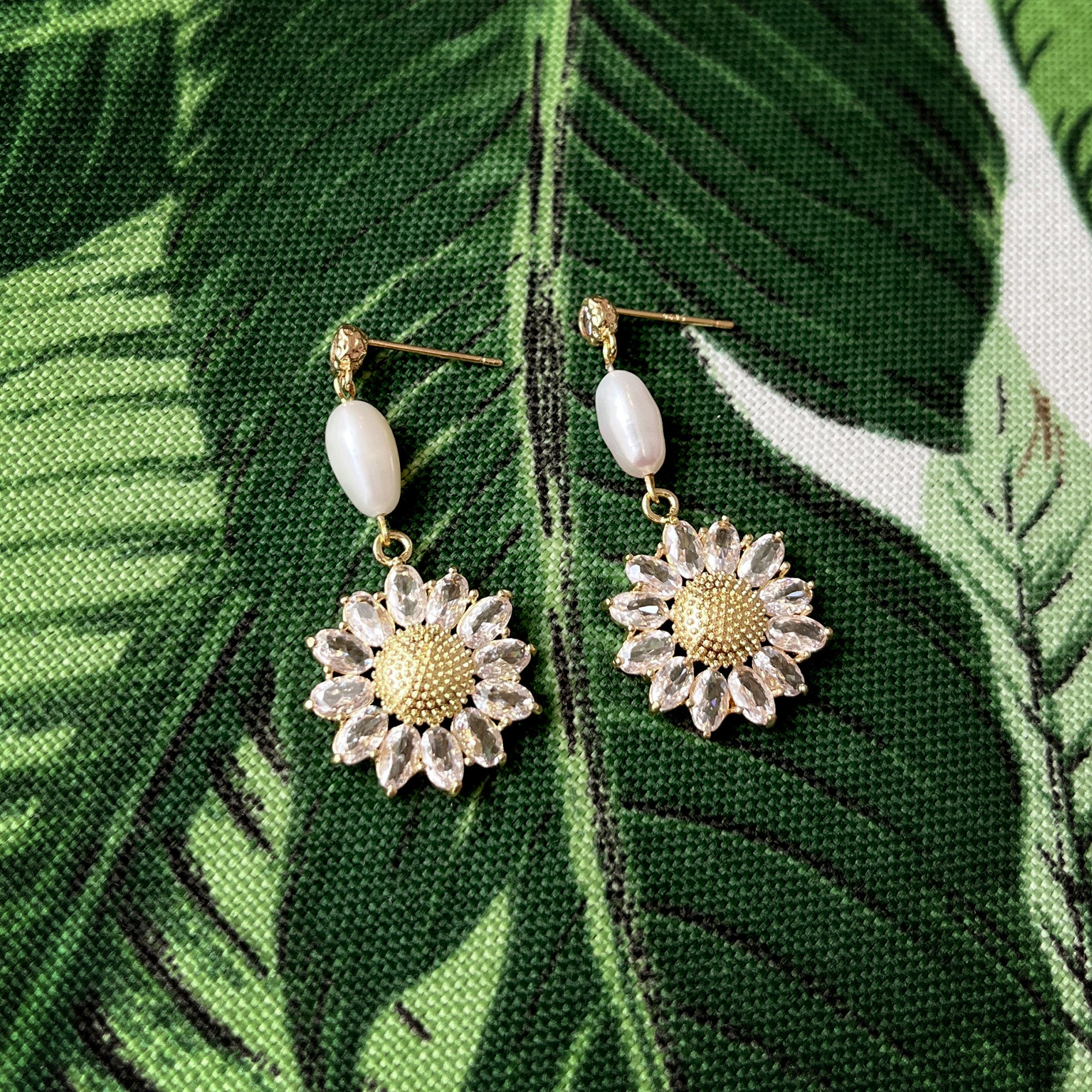 Gold Diamante & Sunflower With Pearls Drop Earrings