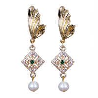 Gold Wing Rhombus Pearl Drop Earrings