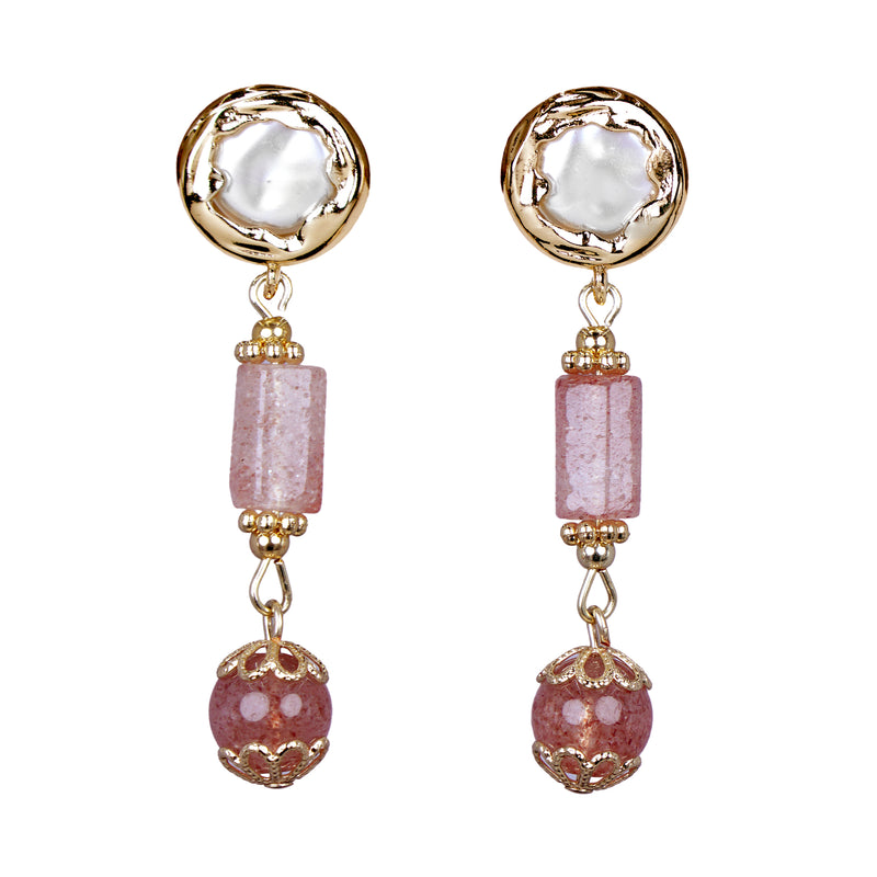 Shell Coin Top Strawberry Quartz Semi Precious Drop Earrings