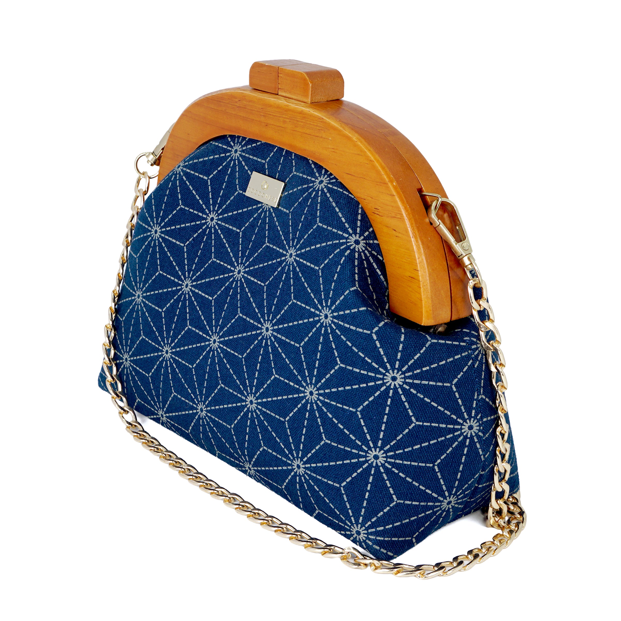 Round Crossbody Bag With Wooden Frame - Hemp Leaves